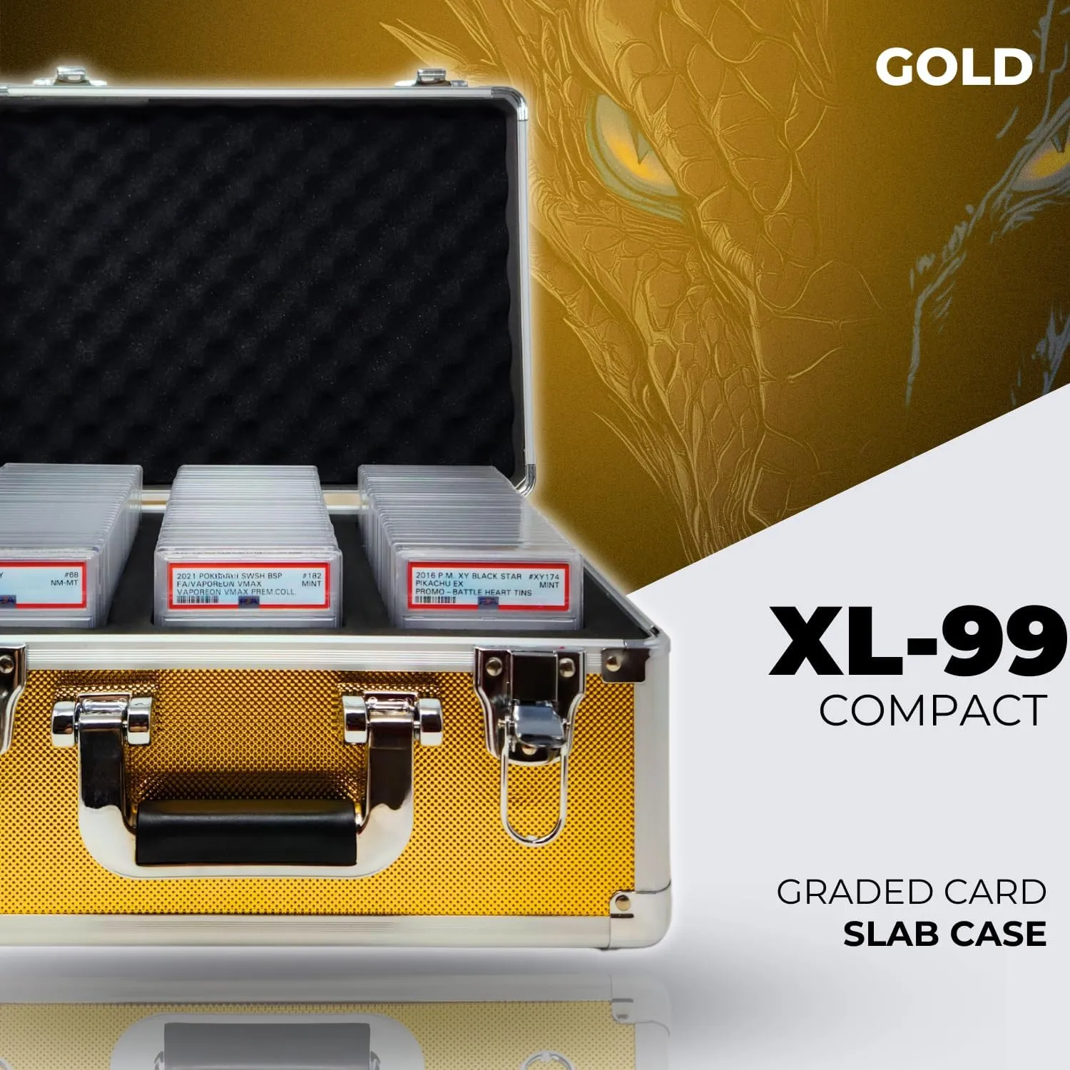 Compact Metal Slab Case – Holds 99 Graded Sports and Trading Cards – Durable Aluminum Storage Box for PSA, BGS, CGC Slabs – XL-99 Gold