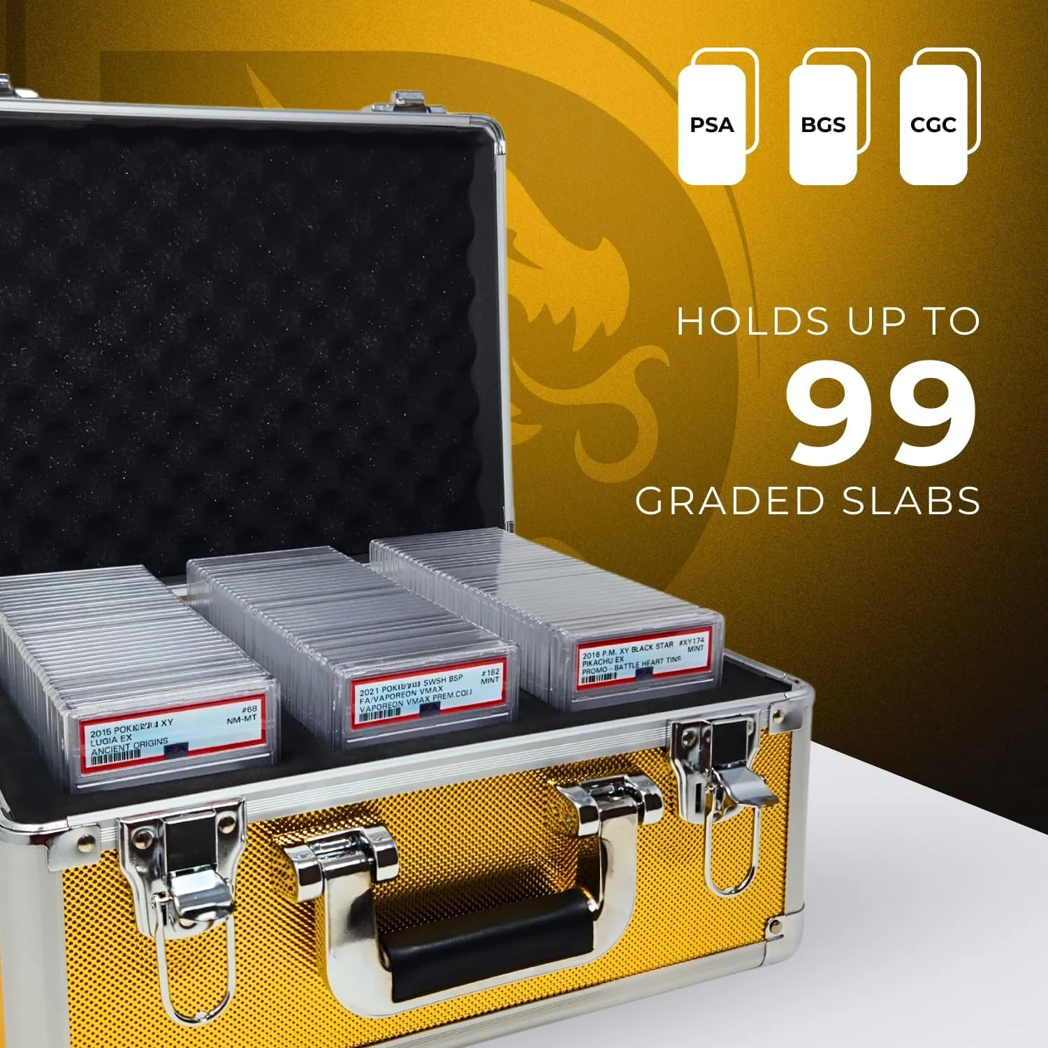Compact Metal Slab Case – Holds 99 Graded Sports and Trading Cards – Durable Aluminum Storage Box for PSA, BGS, CGC Slabs – XL-99 Gold