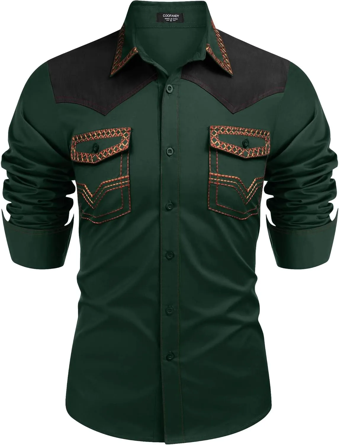 COOFANDY Men's Western Cowboy Shirt Embroidered Long Sleeve Slim Fit Casual Cotton Button Down Hippie Shirts with Pockets