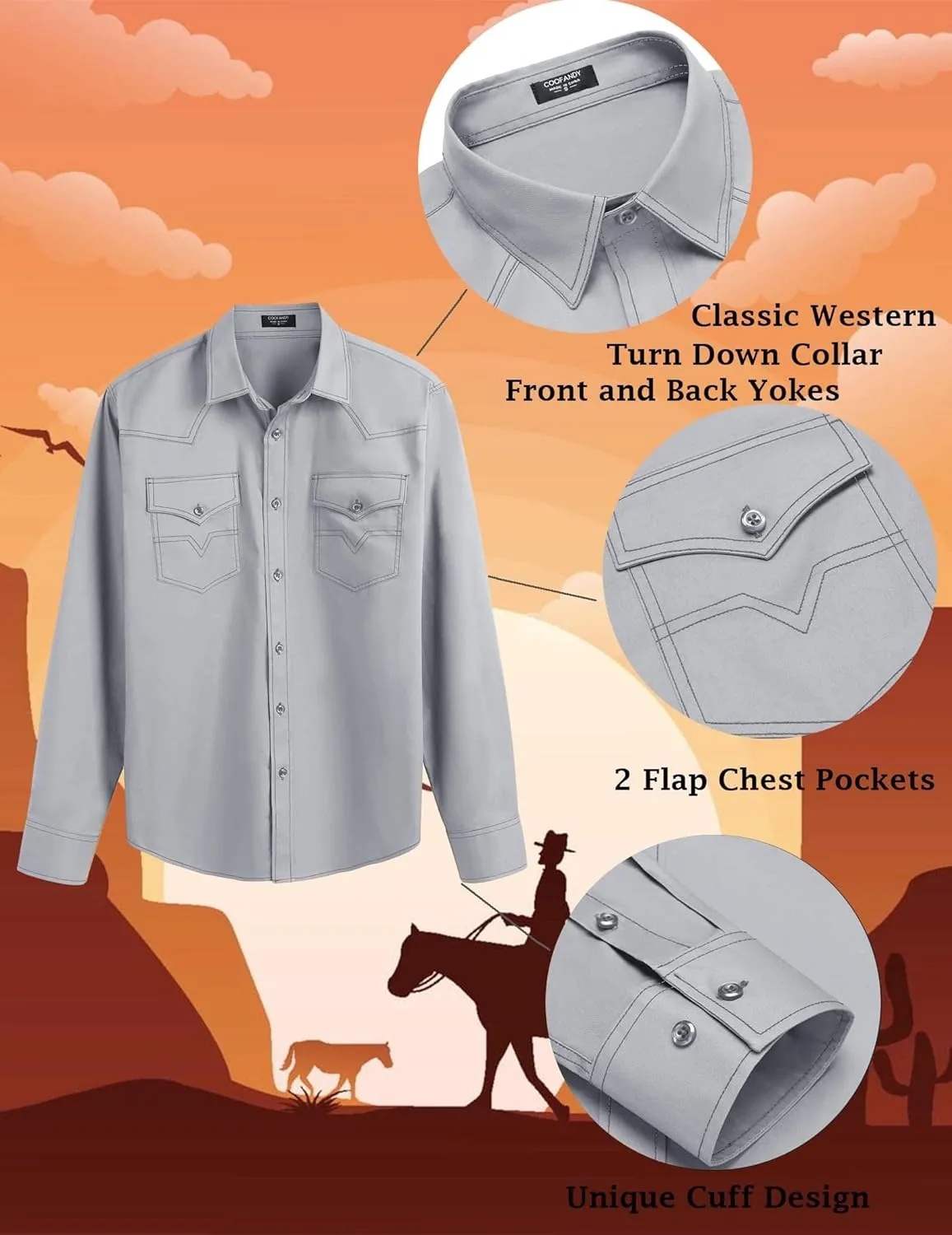 COOFANDY Men's Western Cowboy Shirts Long Sleeve Cotton Casual Button Down Work Shirt with Pockets