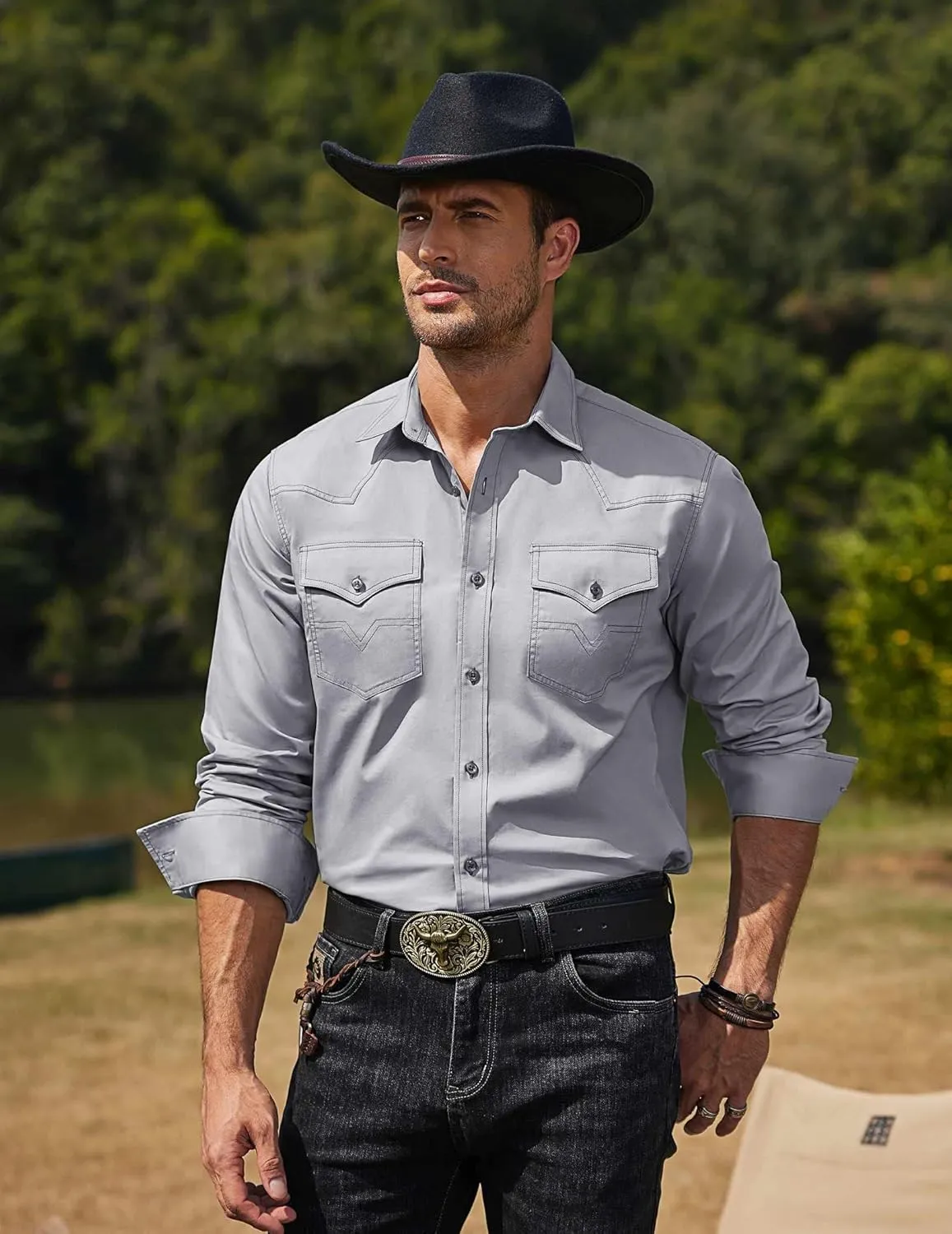 COOFANDY Men's Western Cowboy Shirts Long Sleeve Cotton Casual Button Down Work Shirt with Pockets
