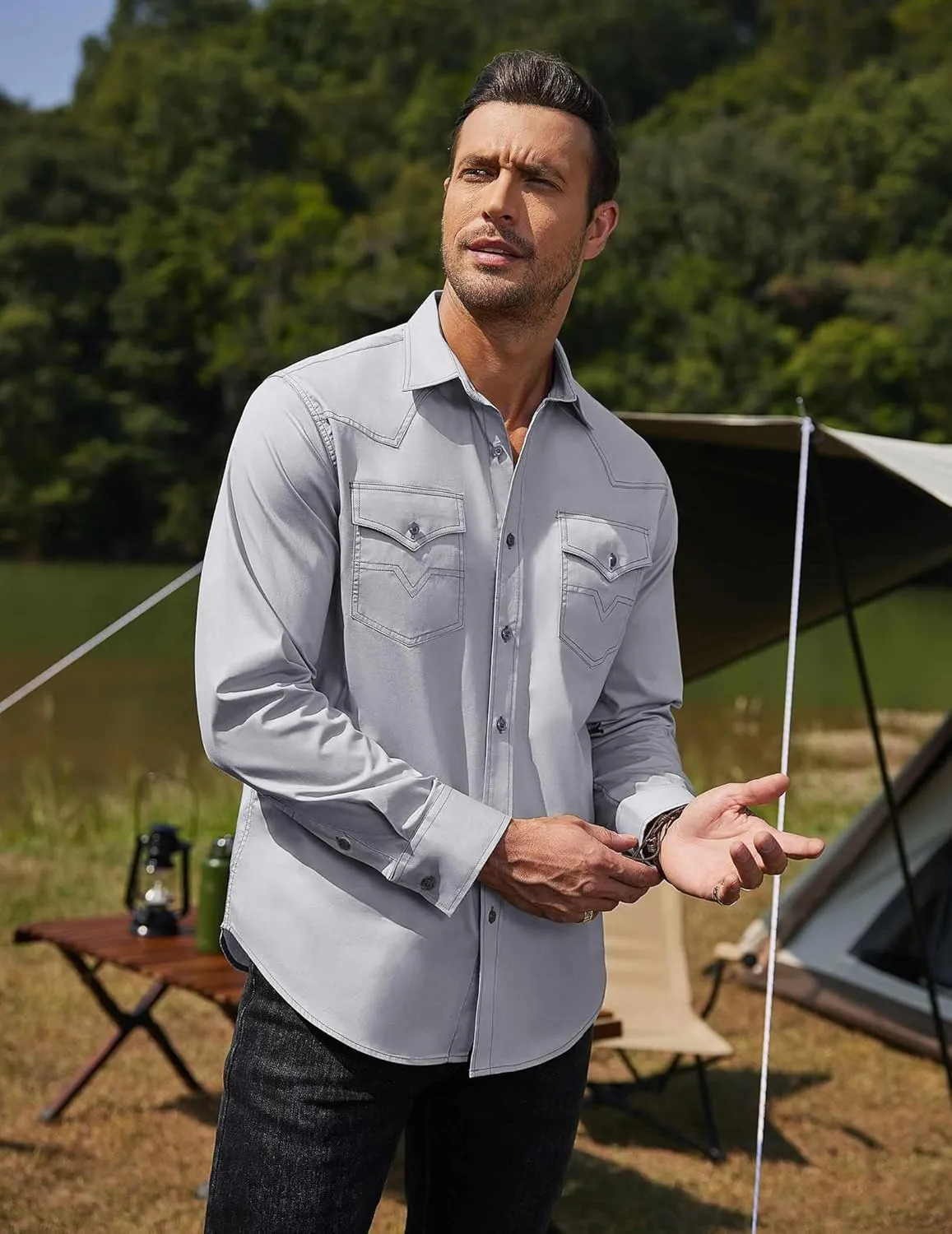 COOFANDY Men's Western Cowboy Shirts Long Sleeve Cotton Casual Button Down Work Shirt with Pockets
