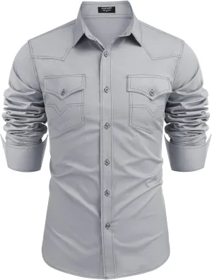 COOFANDY Men's Western Cowboy Shirts Long Sleeve Cotton Casual Button Down Work Shirt with Pockets