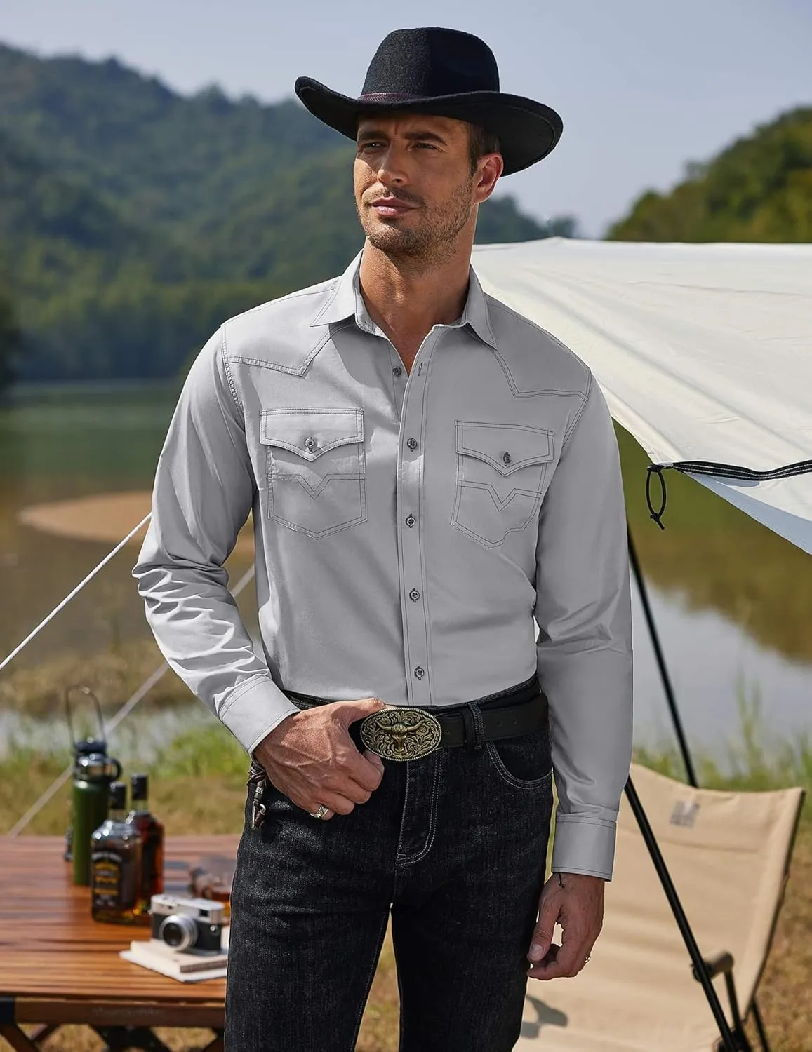 COOFANDY Men's Western Cowboy Shirts Long Sleeve Cotton Casual Button Down Work Shirt with Pockets