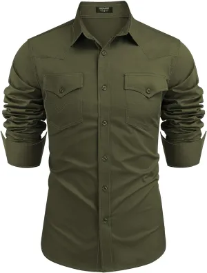 COOFANDY Men's Western Cowboy Shirts Long Sleeve Cotton Casual Button Down Work Shirt with Pockets