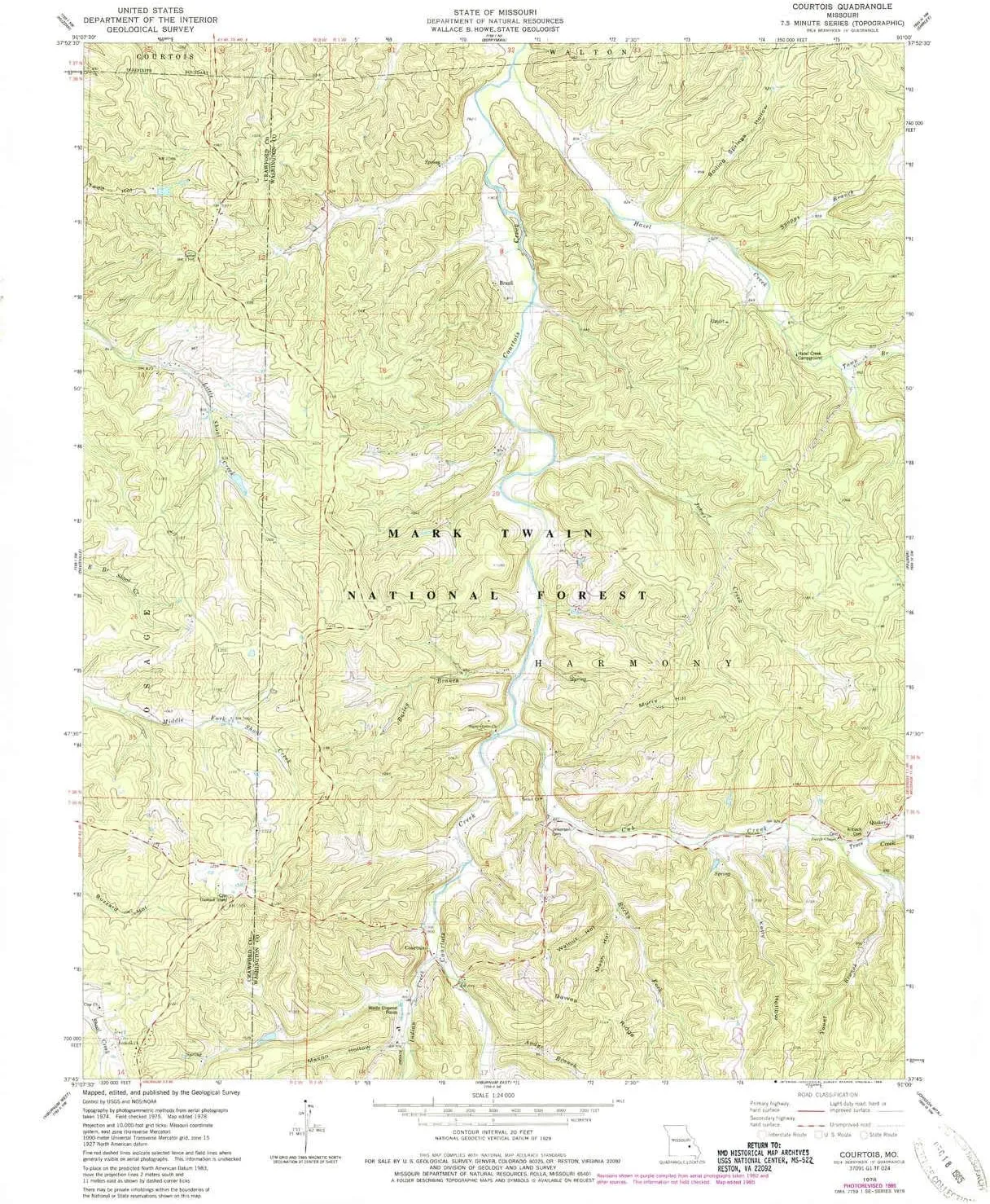 Courtois MO topo map, 1:24000 Scale, 7.5 X 7.5 Minute, Historical, 1978, Updated 1985, 26.8 x 21.9 in