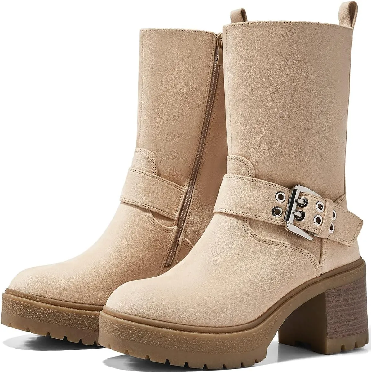 Coutgo Women’s Mid Calf Boots Platform Chunky Heel Booties Buckle Zipper Winter Motorcycle Boot Shoes