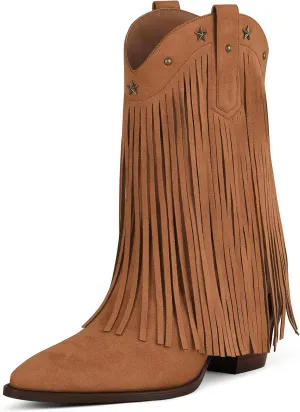 Cowboy Boots for Women - Cowgirl Western Rhinestone Sparkly Fringe Chunky Heel Pointed Toe Ankle Boots