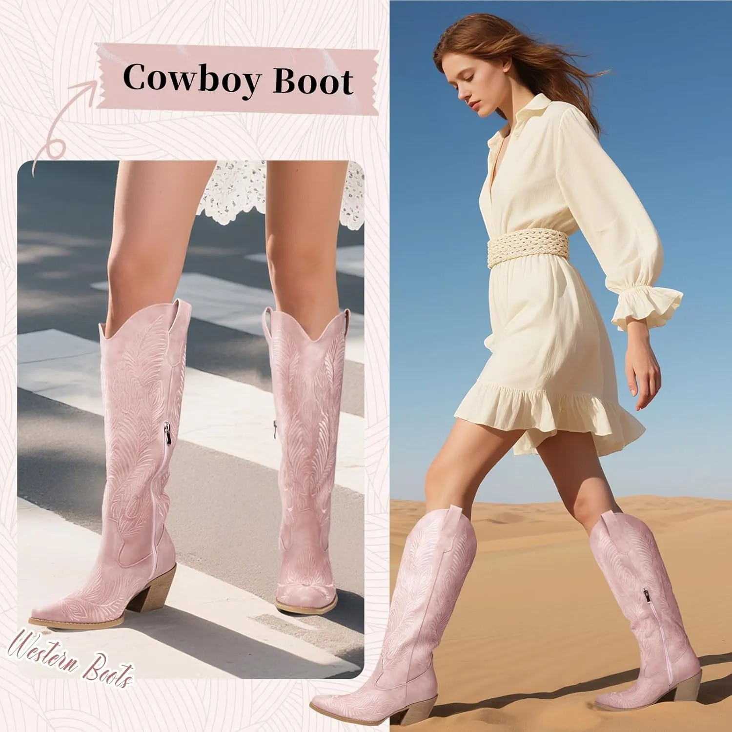 Cowboy Boots for Women-Knee High Cowgirl Boots with Retro Floral Embroidered,Chunky Heels Pointed Toe Retro Classic Pull On Western Tall Boot With Side Half Zip for Ladies
