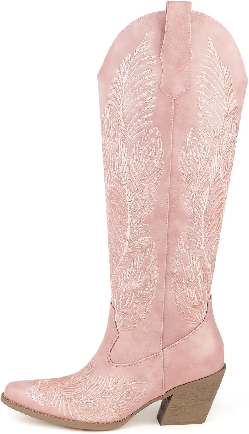 Cowboy Boots for Women-Knee High Cowgirl Boots with Retro Floral Embroidered,Chunky Heels Pointed Toe Retro Classic Pull On Western Tall Boot With Side Half Zip for Ladies
