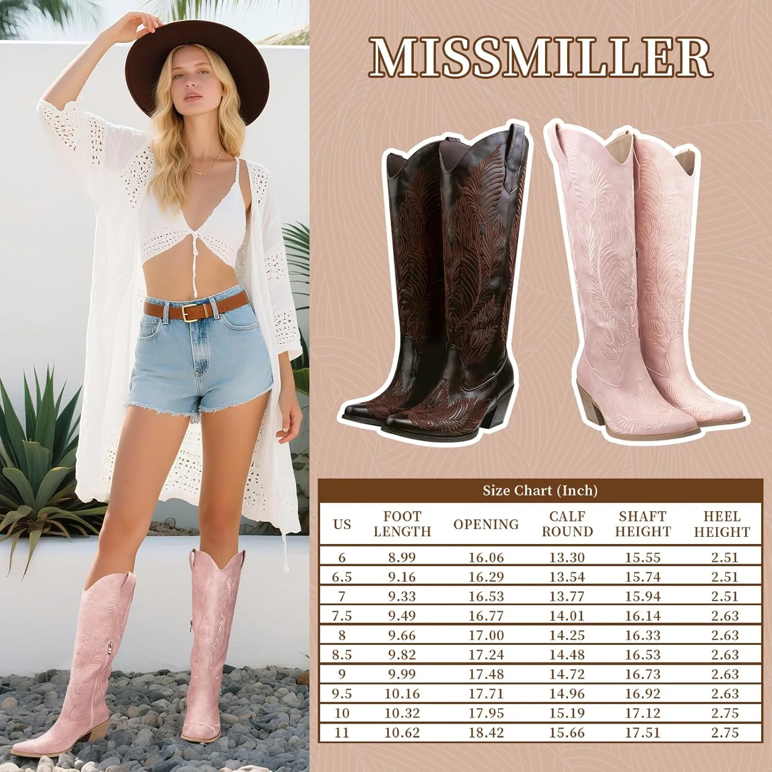 Cowboy Boots for Women-Knee High Cowgirl Boots with Retro Floral Embroidered,Chunky Heels Pointed Toe Retro Classic Pull On Western Tall Boot With Side Half Zip for Ladies