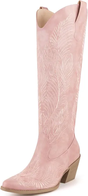 Cowboy Boots for Women-Knee High Cowgirl Boots with Retro Floral Embroidered,Chunky Heels Pointed Toe Retro Classic Pull On Western Tall Boot With Side Half Zip for Ladies