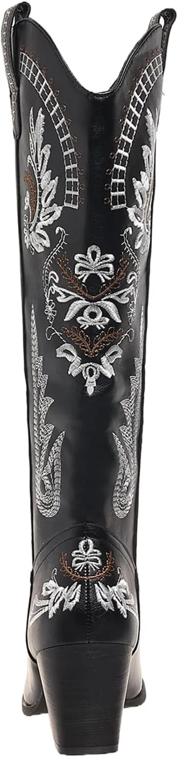 Cowboy Boots for Women Wide Calf Cowgirl Boot Embroidered Western Pointed Toe Chunky Heel Pull On Knee High Retro Tall Boot Ladies Boots