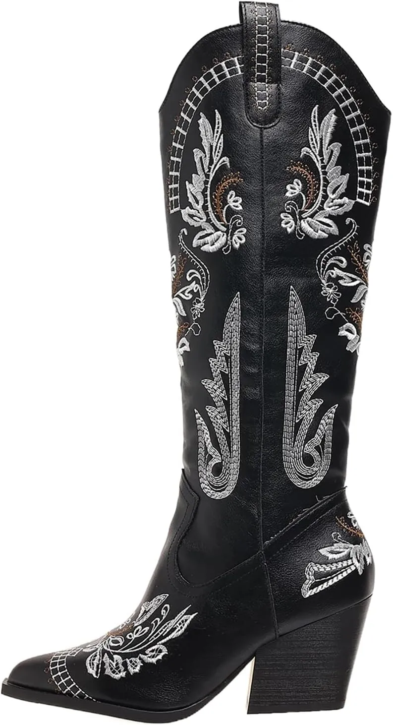 Cowboy Boots for Women Wide Calf Cowgirl Boot Embroidered Western Pointed Toe Chunky Heel Pull On Knee High Retro Tall Boot Ladies Boots