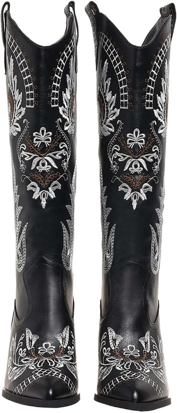 Cowboy Boots for Women Wide Calf Cowgirl Boot Embroidered Western Pointed Toe Chunky Heel Pull On Knee High Retro Tall Boot Ladies Boots