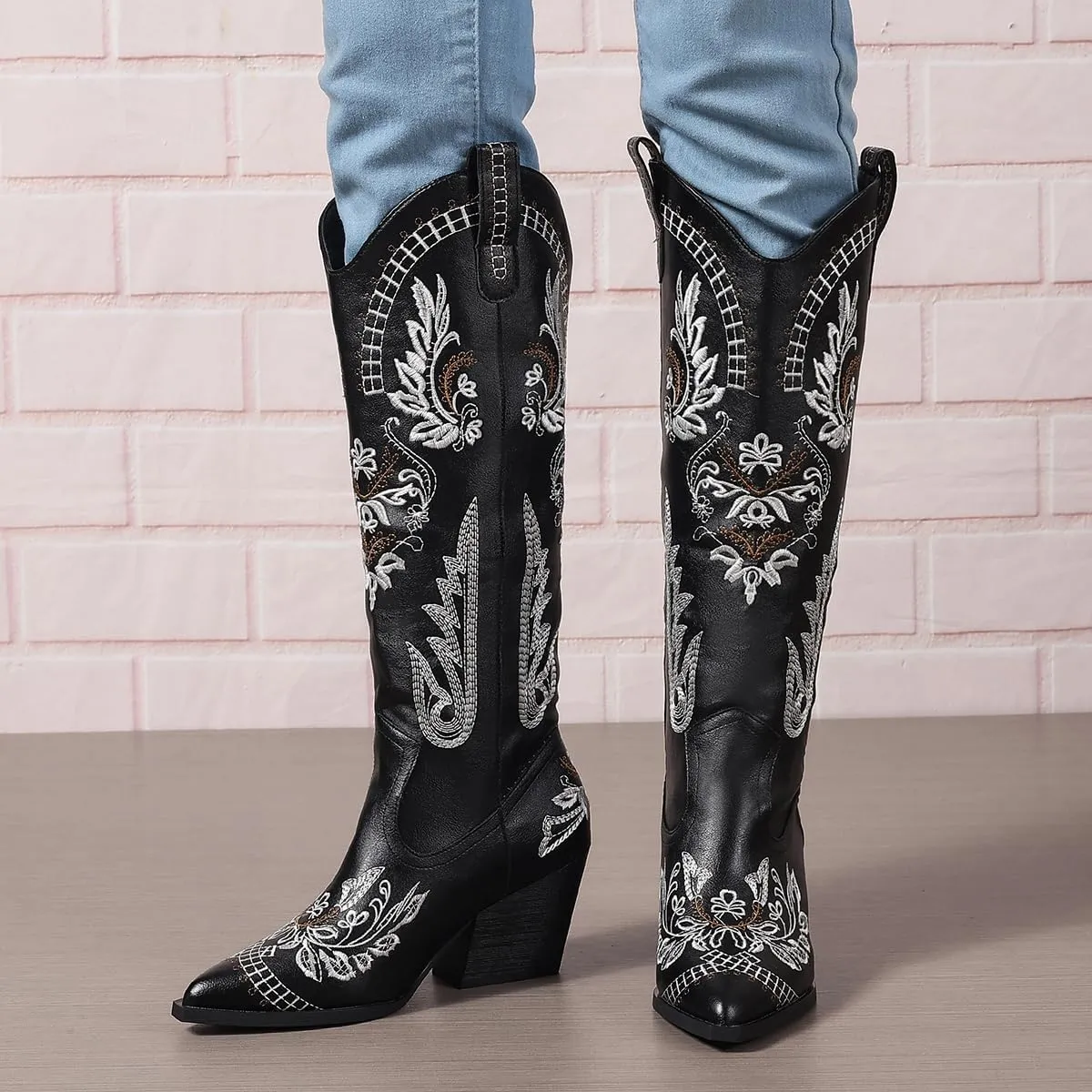Cowboy Boots for Women Wide Calf Cowgirl Boot Embroidered Western Pointed Toe Chunky Heel Pull On Knee High Retro Tall Boot Ladies Boots