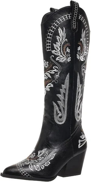 Cowboy Boots for Women Wide Calf Cowgirl Boot Embroidered Western Pointed Toe Chunky Heel Pull On Knee High Retro Tall Boot Ladies Boots