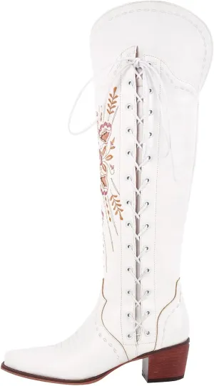 Cowboy Boots for Women Wide Calf Embroidered Western Cowgirl Boots Pointed Toe Over-The-Knee High Lace-Up Boots