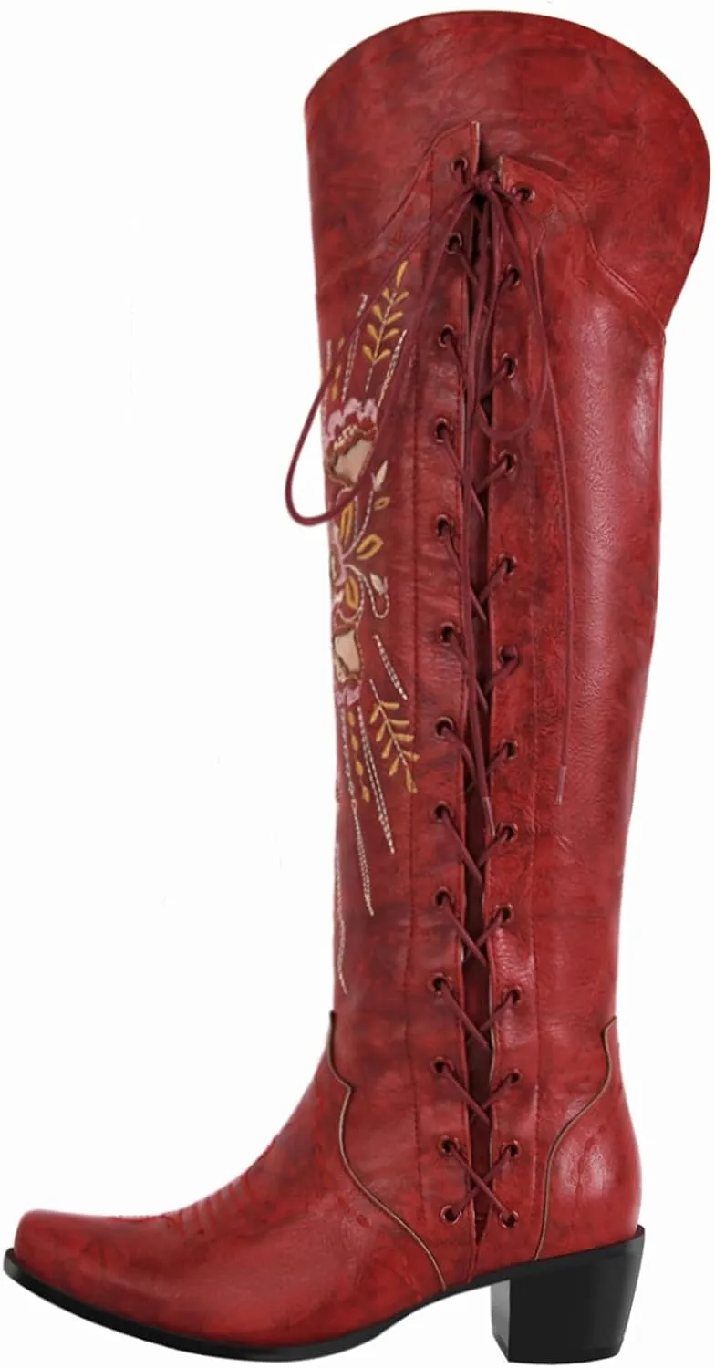 Cowboy Boots for Women Wide Calf Embroidered Western Cowgirl Boots Pointed Toe Over-The-Knee High Lace-Up Boots