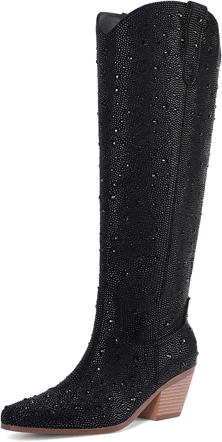 Cowgirl Ankle Boots Cowboy Boots for Women Western Booties Rhinestone Chunky Heel Fashion Comfortable Side Zipper