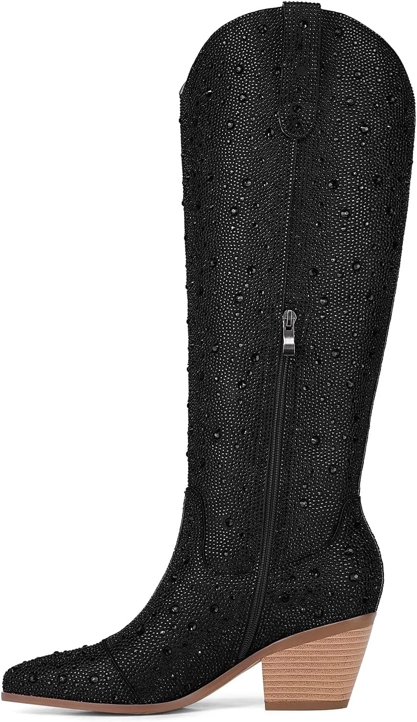 Cowgirl Ankle Boots Cowboy Boots for Women Western Booties Rhinestone Chunky Heel Fashion Comfortable Side Zipper