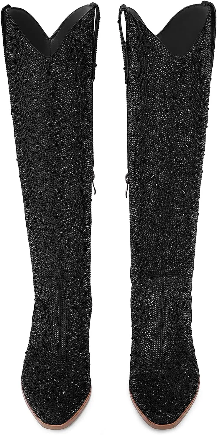 Cowgirl Ankle Boots Cowboy Boots for Women Western Booties Rhinestone Chunky Heel Fashion Comfortable Side Zipper