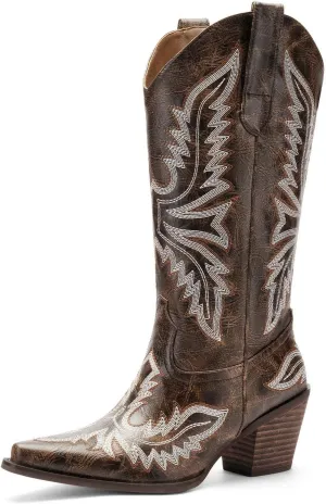 Cowgirl Boots Women – Western Mid-Calf Cowboy Boots, 3-Inch Wood-Grain Chunky Heel, Pointy Toe Fashion Embroidered Ladies Boots