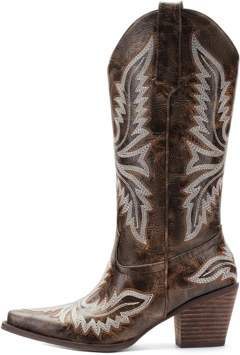 Cowgirl Boots Women – Western Mid-Calf Cowboy Boots, 3-Inch Wood-Grain Chunky Heel, Pointy Toe Fashion Embroidered Ladies Boots