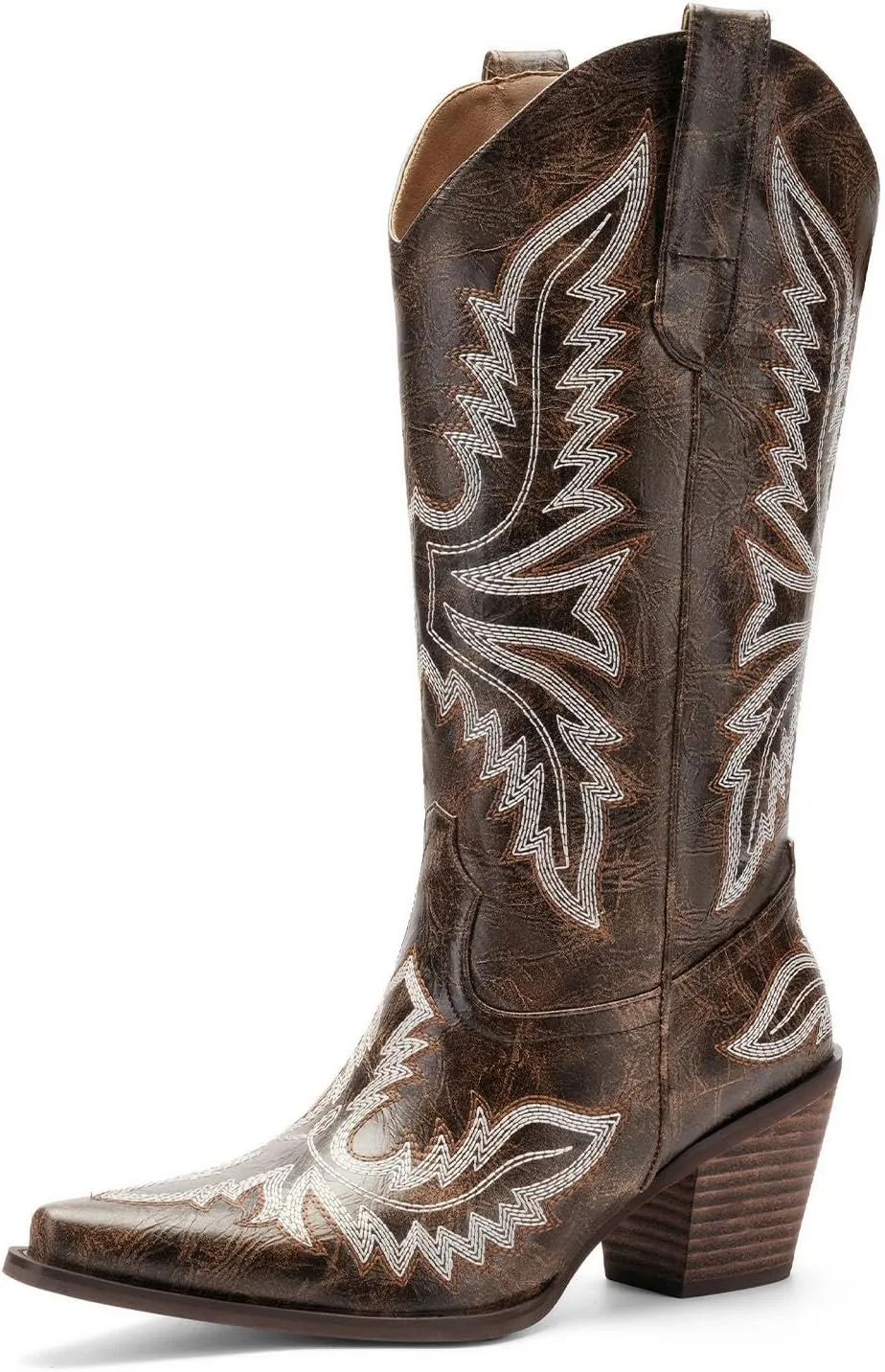Cowgirl Boots Women – Western Mid-Calf Cowboy Boots, 3-Inch Wood-Grain Chunky Heel, Pointy Toe Fashion Embroidered Ladies Boots