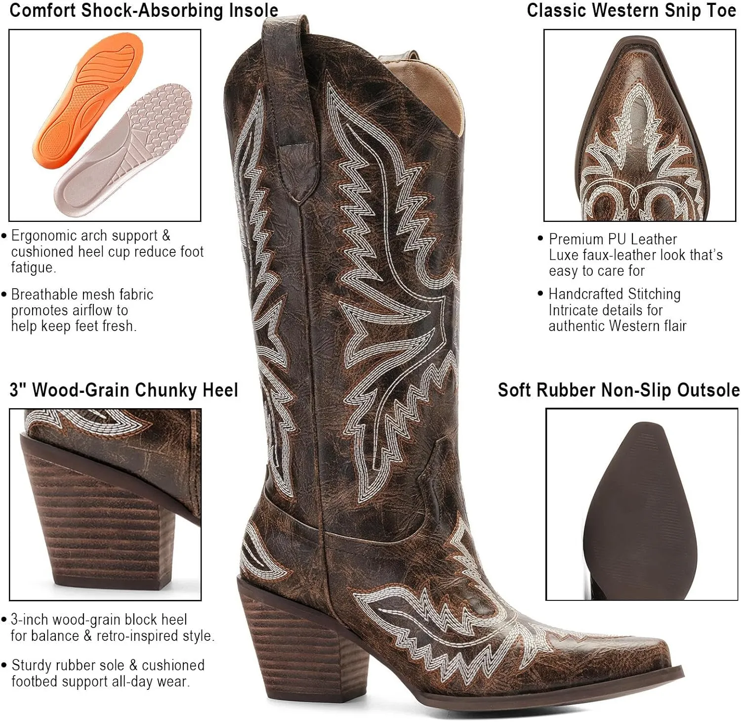 Cowgirl Boots Women – Western Mid-Calf Cowboy Boots, 3-Inch Wood-Grain Chunky Heel, Pointy Toe Fashion Embroidered Ladies Boots