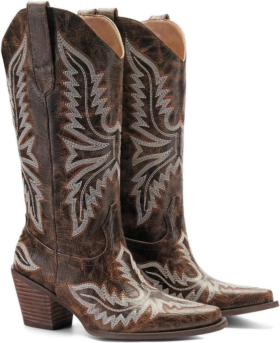 Cowgirl Boots Women – Western Mid-Calf Cowboy Boots, 3-Inch Wood-Grain Chunky Heel, Pointy Toe Fashion Embroidered Ladies Boots
