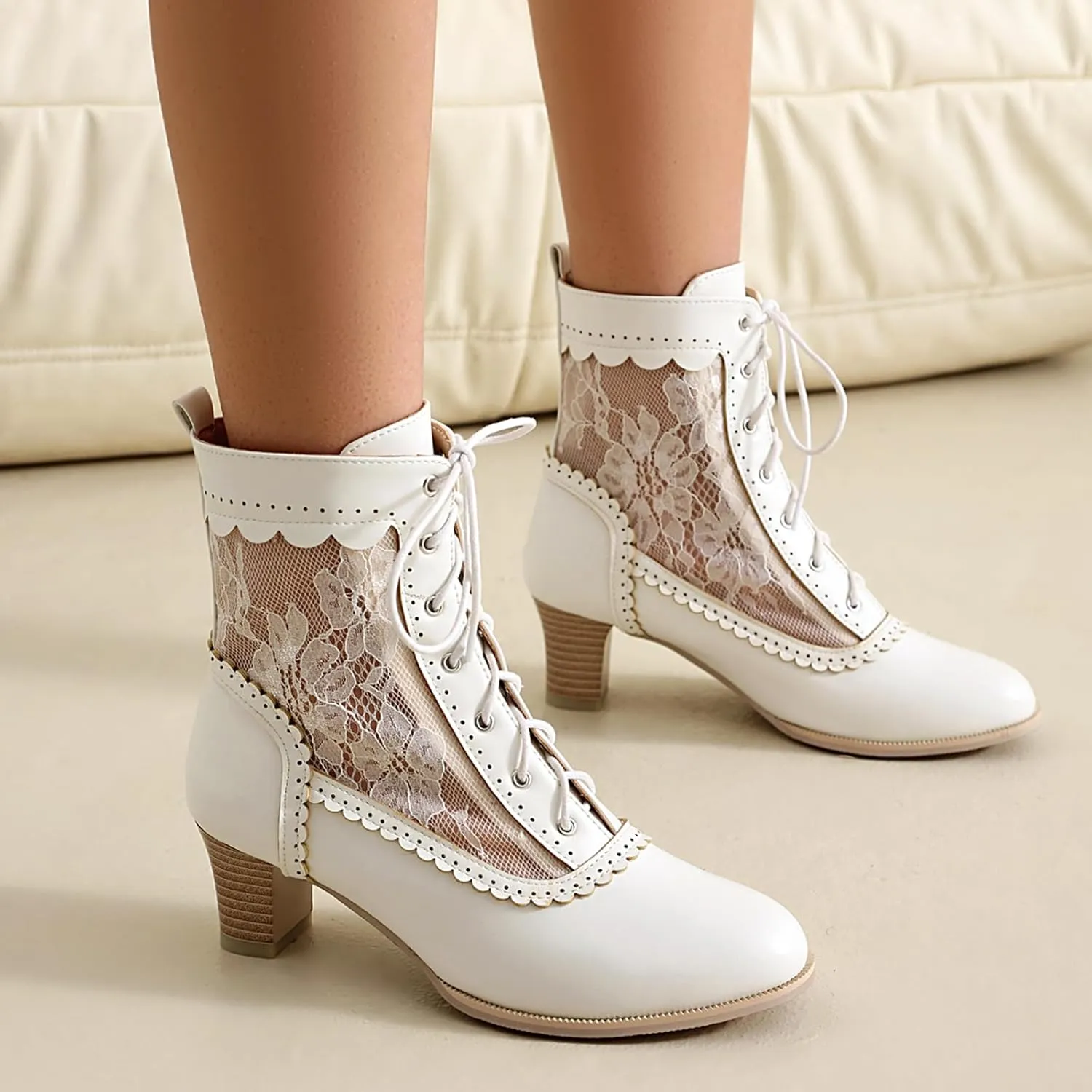 Cozivwaiy Lace Victorian Boots Chunky Heel Almond Toe Kitten Heel Mid Calf Boots