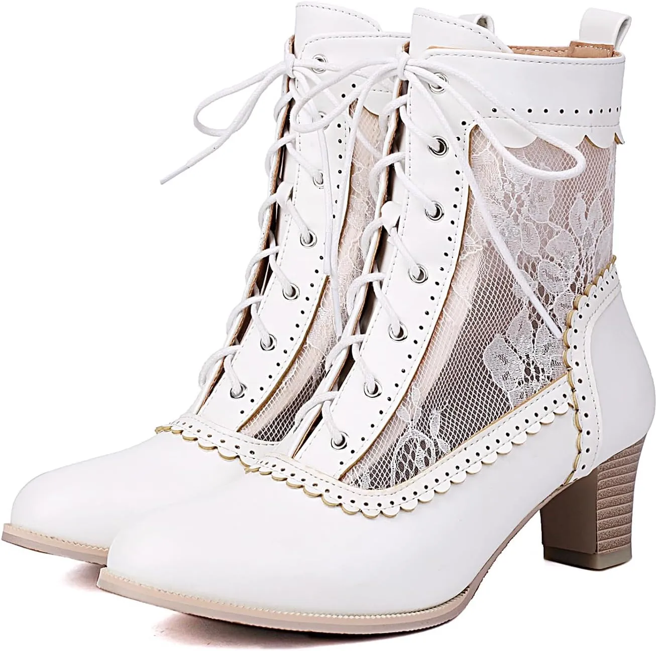Cozivwaiy Lace Victorian Boots Chunky Heel Almond Toe Kitten Heel Mid Calf Boots