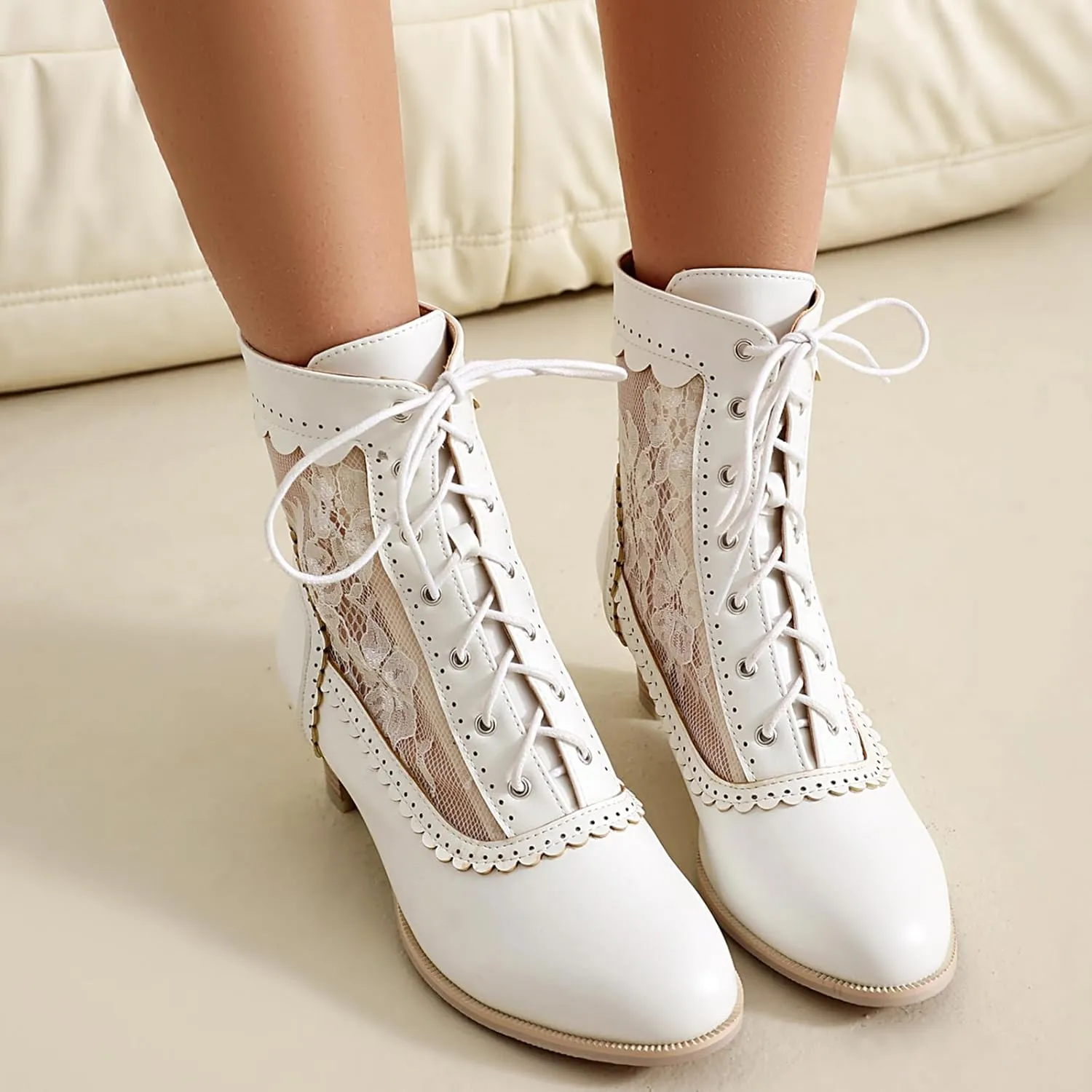 Cozivwaiy Lace Victorian Boots Chunky Heel Almond Toe Kitten Heel Mid Calf Boots