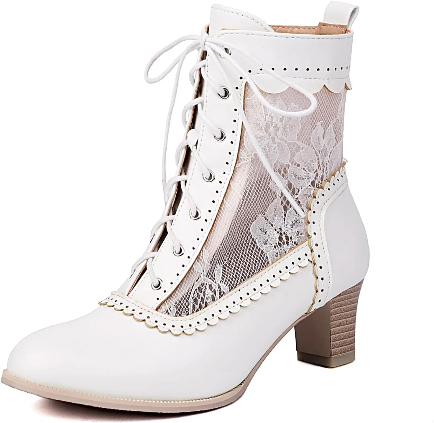 Cozivwaiy Lace Victorian Boots Chunky Heel Almond Toe Kitten Heel Mid Calf Boots