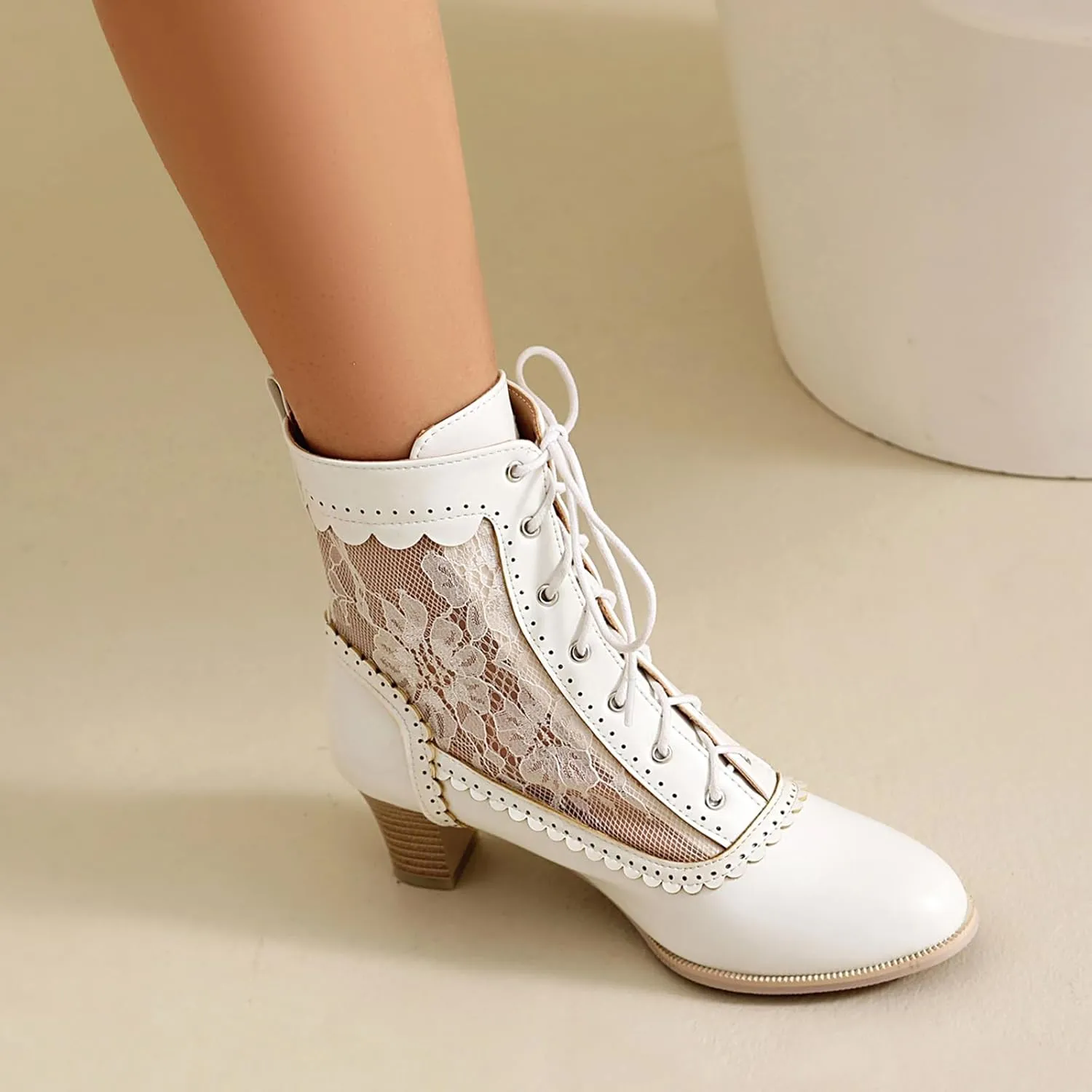 Cozivwaiy Lace Victorian Boots Chunky Heel Almond Toe Kitten Heel Mid Calf Boots
