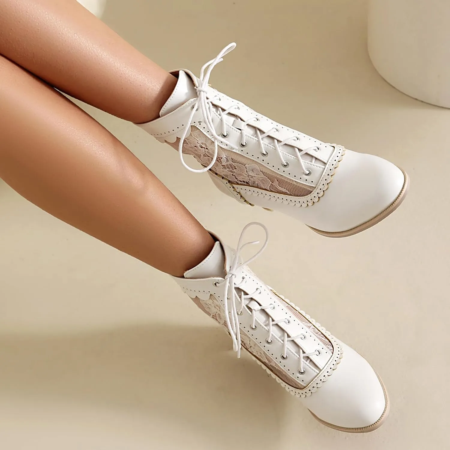 Cozivwaiy Lace Victorian Boots Chunky Heel Almond Toe Kitten Heel Mid Calf Boots