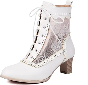 Cozivwaiy Lace Victorian Boots Chunky Heel Almond Toe Kitten Heel Mid Calf Boots