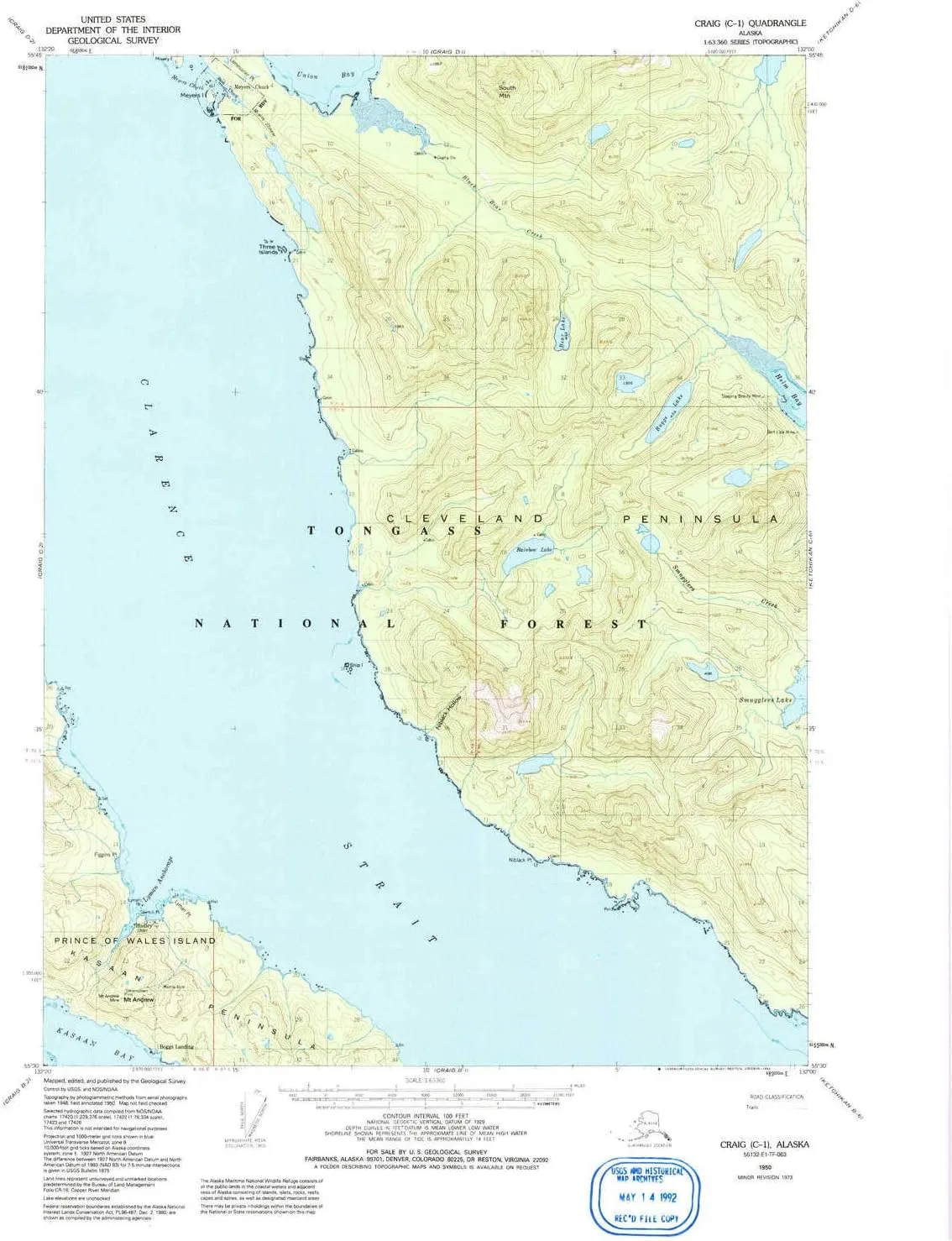 Craig C 1 AK topo map, 1:63360 Scale, 15 X 15 Minute, Historical, 1950, Updated 1992, 21.6 x 18 in