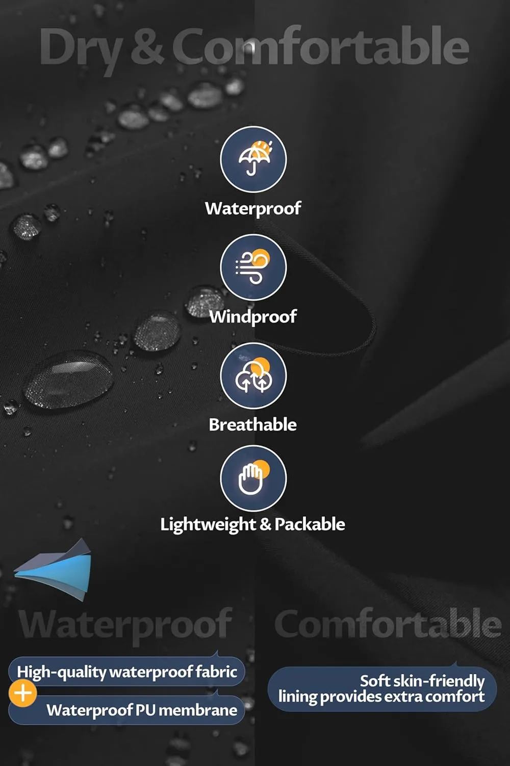 CREATMO US Men's Long Rain Coat Waterproof Packable Rain Jacket Outdoor Lightweight Windbreaker with Hood