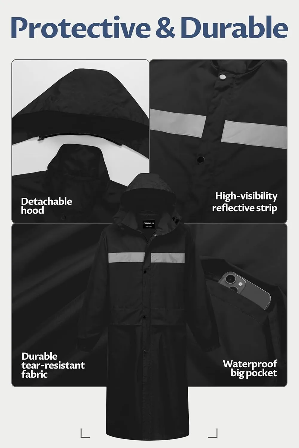 CREATMO US Men's Long Rain Coat Waterproof Packable Rain Jacket Outdoor Lightweight Windbreaker with Hood