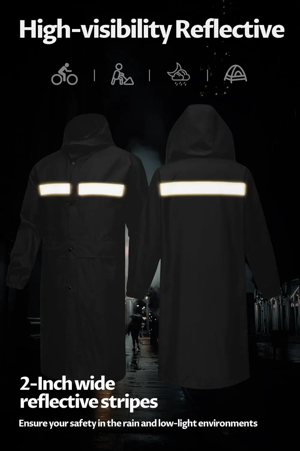 CREATMO US Men's Long Rain Coat Waterproof Packable Rain Jacket Outdoor Lightweight Windbreaker with Hood