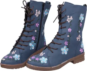 Crzidha Vintage Combat Boots for Women,Classic Side Zipper Lace Up Low Heel Riding Ankle Boots Chic Stylish Floral Embroidered Suede Boots Casual Winter Fall Walking Travel Flat Shoes