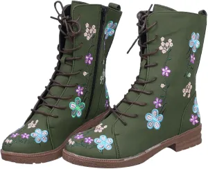 Crzidha Vintage Combat Boots for Women,Classic Side Zipper Lace Up Low Heel Riding Ankle Boots Chic Stylish Floral Embroidered Suede Boots Casual Winter Fall Walking Travel Flat Shoes