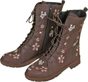 Crzidha Vintage Combat Boots for Women,Classic Side Zipper Lace Up Low Heel Riding Ankle Boots Chic Stylish Floral Embroidered Suede Boots Casual Winter Fall Walking Travel Flat Shoes