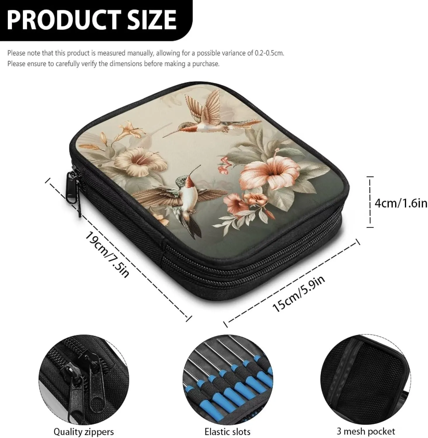 Cugasmaru Crochet Hook Case Hummingbird Floral Portable Storage Bag Travel Organizer Zipper Bag for Various Hooks and Circular Knitting Needles