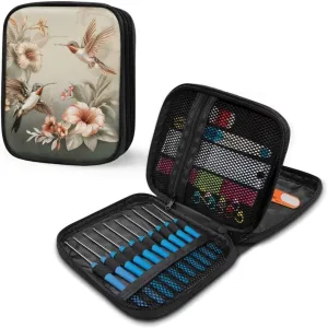 Cugasmaru Crochet Hook Case Hummingbird Floral Portable Storage Bag Travel Organizer Zipper Bag for Various Hooks and Circular Knitting Needles