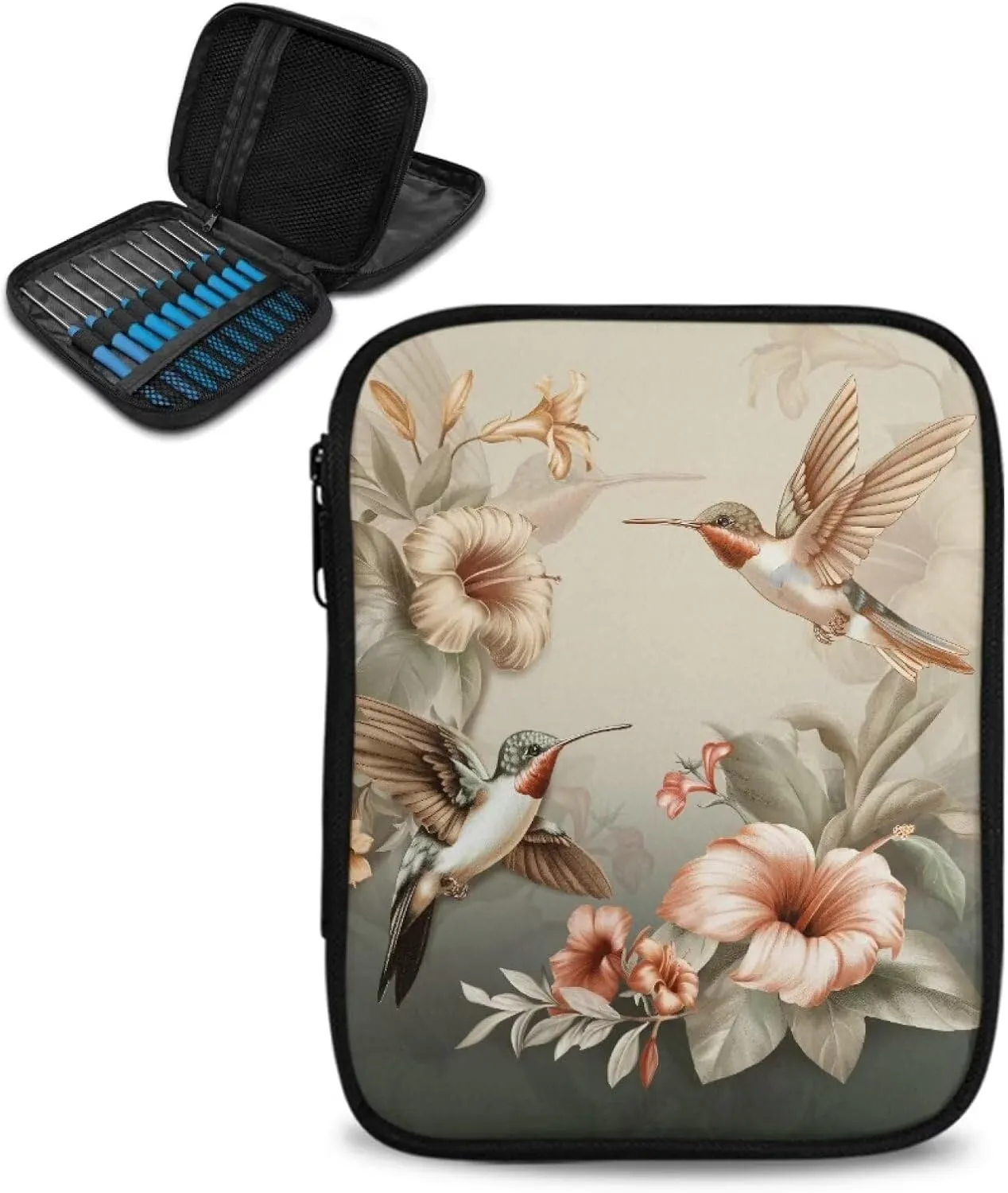 Cugasmaru Crochet Hook Case Hummingbird Floral Portable Storage Bag Travel Organizer Zipper Bag for Various Hooks and Circular Knitting Needles