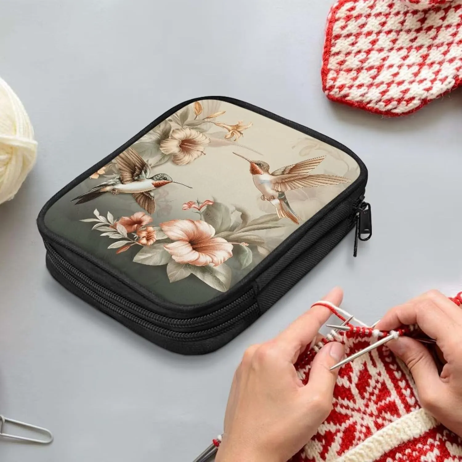 Cugasmaru Crochet Hook Case Hummingbird Floral Portable Storage Bag Travel Organizer Zipper Bag for Various Hooks and Circular Knitting Needles