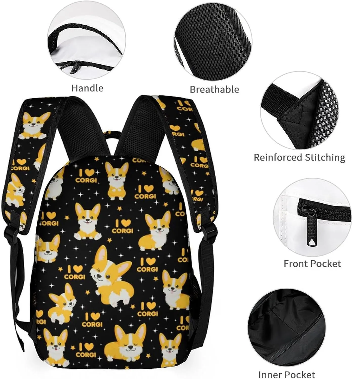 Custom Corgi Dog School Backpack for Kids Girls Boys, 16 Inch Cute Corgi Dogs Themed Bookbag, Personalized School Backpack for Students Children, Lightweight, Large Capacity